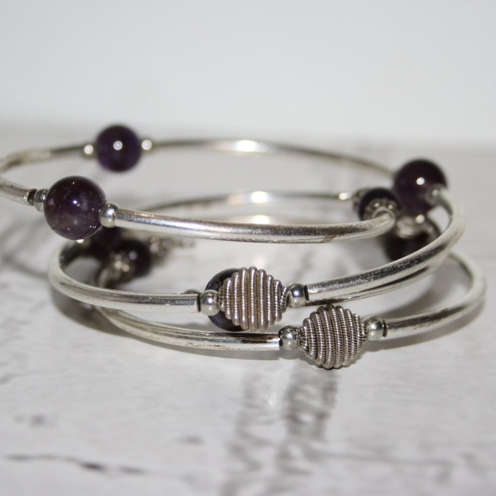 Beautiful silver and Amethyst coil wrap bracelet
